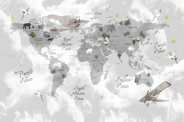 Animales Mapa Del Mundo Para Niños Fondo Pantalla Diseño —  Fotos de Stock