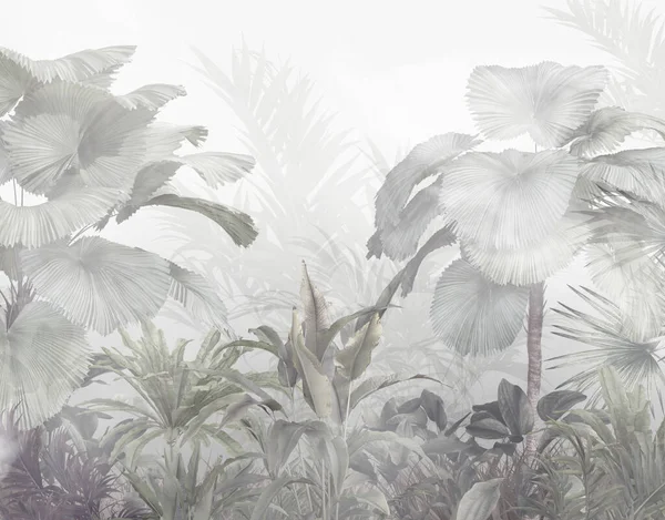 Árboles Tropicales Hojas Diseño Fondo Pantalla Bosque Brumoso Ilustración —  Fotos de Stock
