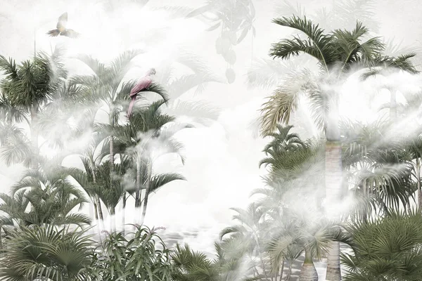 Arbres Tropicaux Feuilles Dans Conception Papier Peint Forêt Brumeuse Illustration — Photo