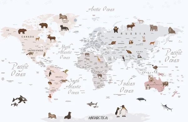 Animali Mappa Del Mondo Bambini Wallpaper Design — Foto Stock