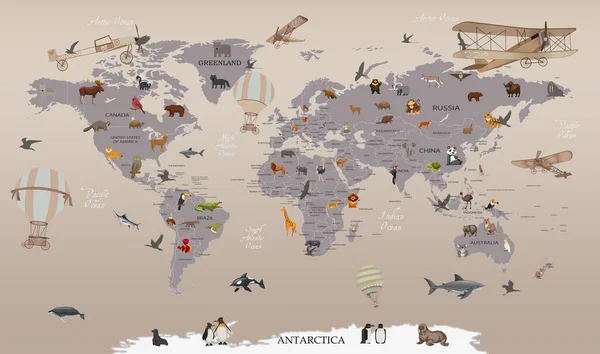 animals world map for kids wallpaper design