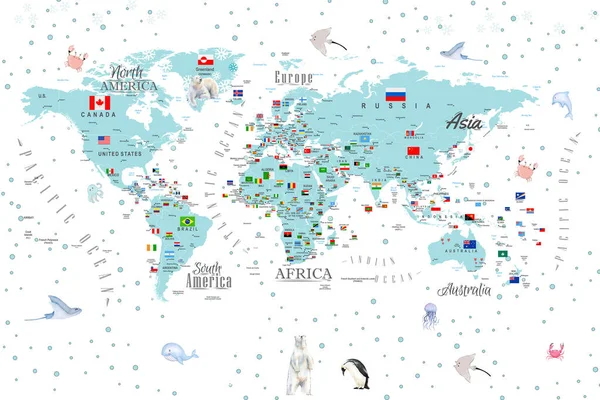 Animales Mapa Del Mundo Para Niños Fondo Pantalla Diseño —  Fotos de Stock