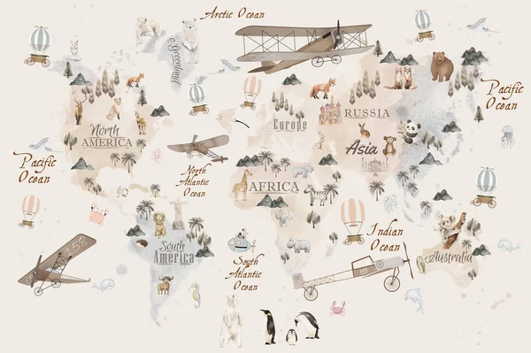 Ζώα Παγκόσμιος Χάρτης Για Παιδιά Ταπετσαρία Σχεδιασμό — Φωτογραφία Αρχείου