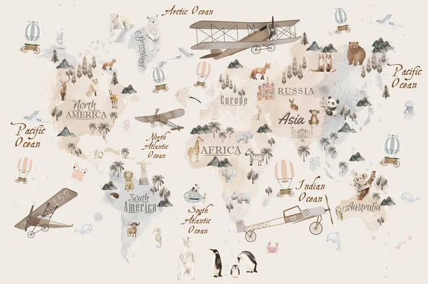 animals world map for kids wallpaper design