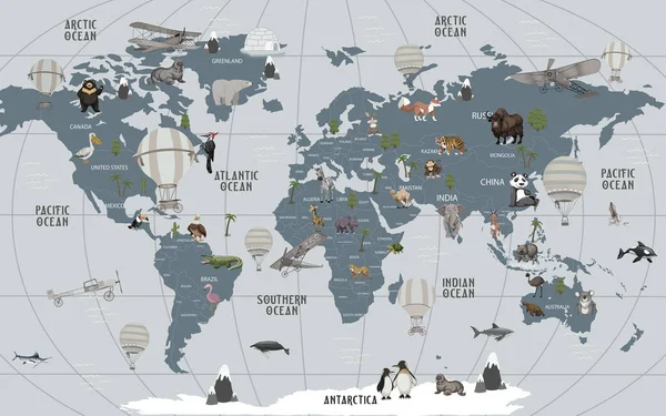 Animali Mappa Del Mondo Bambini Wallpaper Design — Foto Stock