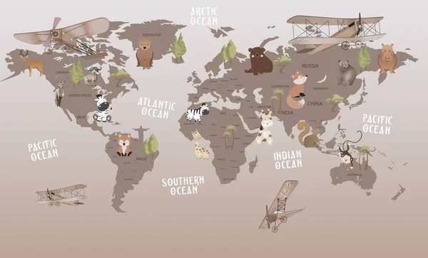 Животные Карта Мира Детей Обои Дизайн — стоковое фото