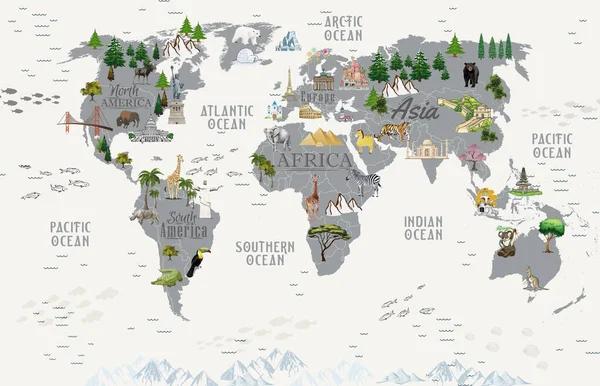 Hayvanlar Için Dünya Haritası Çocuklar Için Duvar Kağıdı Tasarımı — Stok fotoğraf