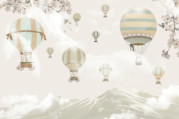 Hot air balloons and biplanes child room wallpaper