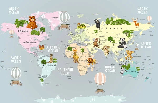 animals world map for kids wallpaper design