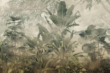 Dijital baskı duvar kağıdı için tropikal ağaç ve yapraklar, özel tasarım duvar kağıdı - 3D illüstrasyon