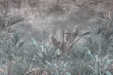 Dijital baskı duvar kağıdı için tropikal ağaç ve yapraklar, özel tasarım duvar kağıdı - 3D illüstrasyon