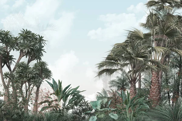 Tropik Palmiye Yaprakları Duvar Resmi Dahili Baskı Için Duvar Kağıdı — Stok fotoğraf