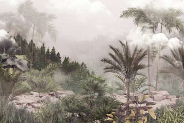 Tropikal ağaçlar ve yapraklar sisli ormanda duvar kağıdı tasarımı - 3 boyutlu illüstrasyon