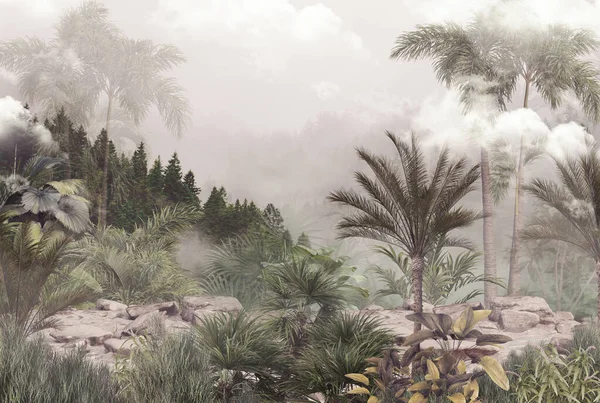 Tropikal ağaçlar ve yapraklar sisli ormanda duvar kağıdı tasarımı - 3 boyutlu illüstrasyon