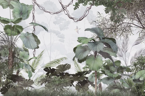 Tropikal ağaçlar ve yapraklar sisli ormanda duvar kağıdı tasarımı - 3 boyutlu illüstrasyon
