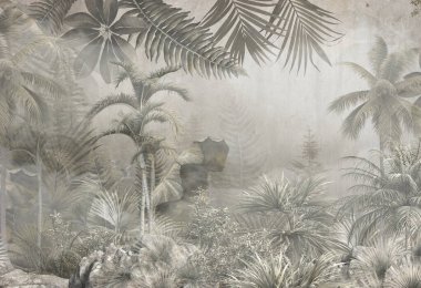 Dijital baskı duvar kağıdı için tropikal ağaç ve yapraklar, özel tasarım duvar kağıdı - 3D illüstrasyon