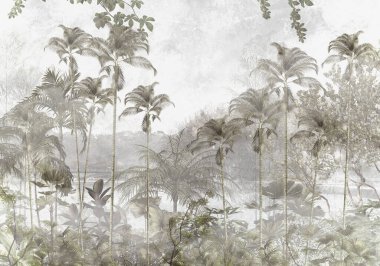 Dijital baskı duvar kağıdı için tropikal ağaç ve yapraklar, özel tasarım duvar kağıdı - 3D illüstrasyon