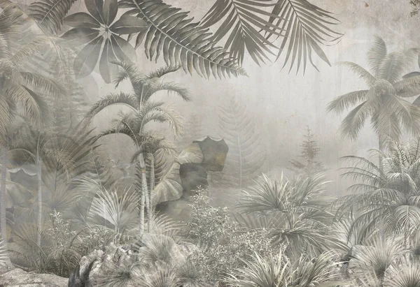 Dijital baskı duvar kağıdı için tropikal ağaç ve yapraklar, özel tasarım duvar kağıdı - 3D illüstrasyon