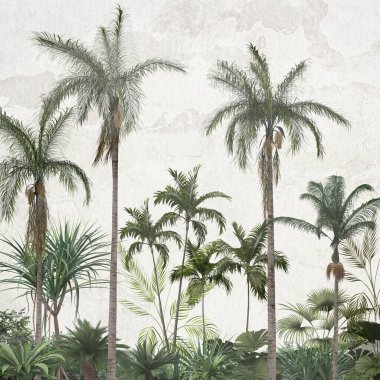 Tropikal ağaçlar ve yapraklar sisli ormanda duvar kağıdı tasarımı - 3 boyutlu illüstrasyon