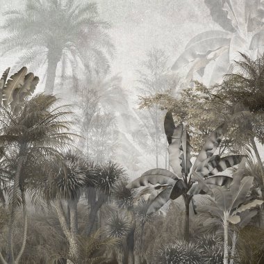 Tropikal ağaçlar ve yapraklar sisli ormanda duvar kağıdı tasarımı - 3 boyutlu illüstrasyon