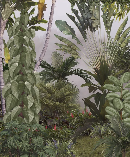 Tropikal ağaçlar ve yapraklar sisli ormanda duvar kağıdı tasarımı - 3 boyutlu illüstrasyon