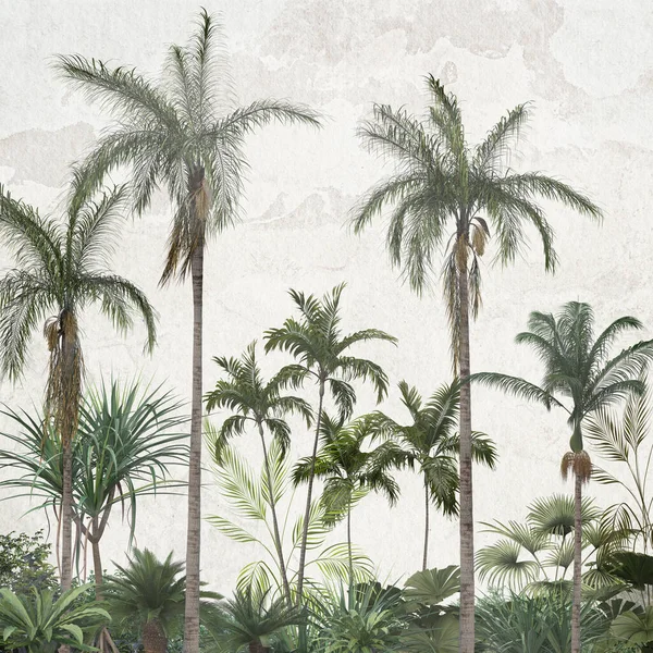 Tropikal ağaçlar ve yapraklar sisli ormanda duvar kağıdı tasarımı - 3 boyutlu illüstrasyon