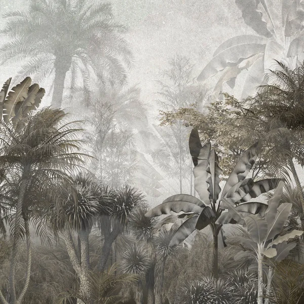 Tropikal ağaçlar ve yapraklar sisli ormanda duvar kağıdı tasarımı - 3 boyutlu illüstrasyon