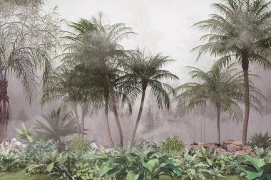 Tropik palmiye yaprakları. Duvar resmi, dahili baskı için duvar kağıdı. 3B illüstrasyon