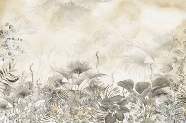 Tropical palm leaves. Mural, Wallpaper for internal printing. 3D illustration