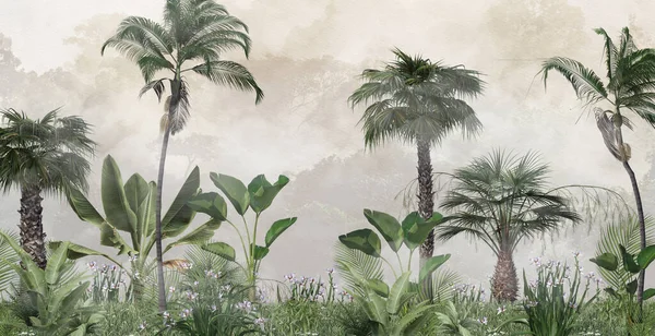 Tropiska Palmblad Mural Bakgrund För Intern Utskrift Illustration — Stockfoto
