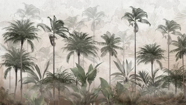 Tropiska Palmblad Mural Bakgrund För Intern Utskrift Illustration — Stockfoto