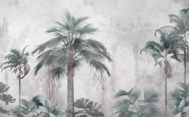 Tropikal ağaçlar ve yapraklar sisli ormanda duvar kağıdı tasarımı - 3 boyutlu illüstrasyon