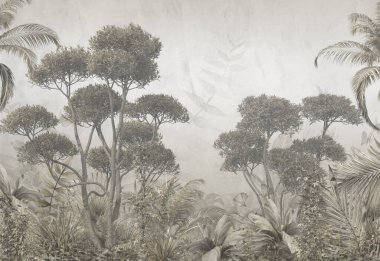 Tropikal ağaçlar ve yapraklar sisli ormanda duvar kağıdı tasarımı - 3 boyutlu illüstrasyon