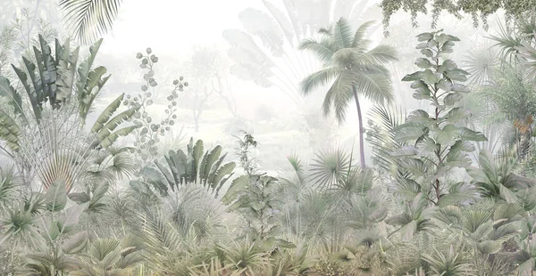 Trópusi Fák Levelek Tapéta Design Ködös Erdőben Illusztráció — Stock Fotó