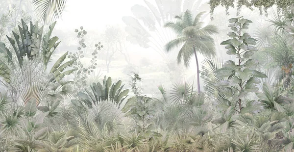 tropical trees and leaves wallpaper design in foggy forest - 3D illustration