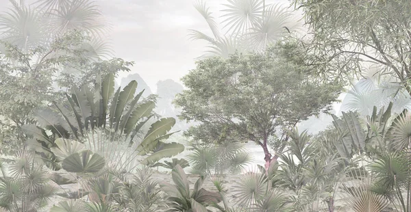 Τροπικά Δέντρα Και Φύλλα Ταπετσαρία Σχεδιασμό Ομιχλώδες Δάσος Εικονογράφηση — Φωτογραφία Αρχείου