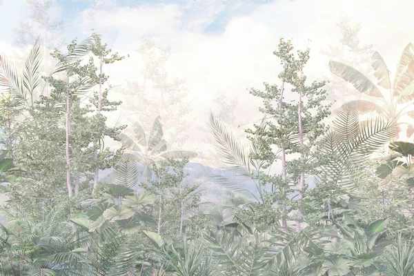 Τροπικά Δέντρα Και Φύλλα Ταπετσαρία Σχεδιασμό Ομιχλώδες Δάσος Εικονογράφηση — Φωτογραφία Αρχείου