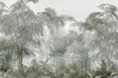 Tropikal ağaçlar ve yapraklar sisli ormanda duvar kağıdı tasarımı - 3 boyutlu illüstrasyon