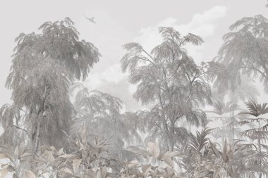 Tropikal ağaçlar ve yapraklar sisli ormanda duvar kağıdı tasarımı - 3 boyutlu illüstrasyon