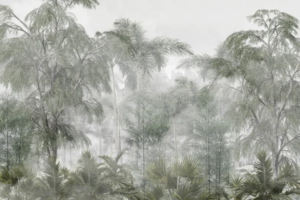 Tropikal ağaçlar ve yapraklar sisli ormanda duvar kağıdı tasarımı - 3 boyutlu illüstrasyon