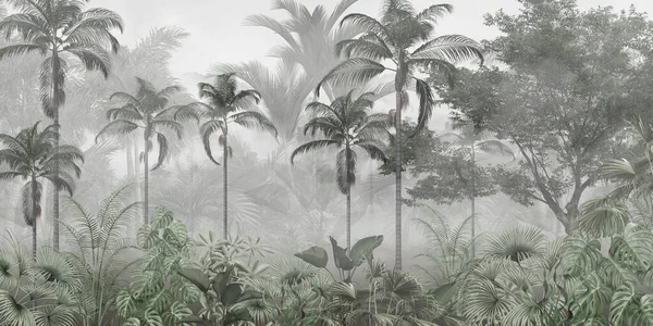 Arbres Tropicaux Feuilles Design Papier Peint Dans Forêt Brumeuse Illustration — Photo