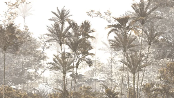 Tropiska Träd Och Blad Tapet Design Dimmig Skog Illustration — Stockfoto
