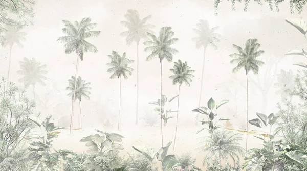雾蒙蒙的森林中的热带树木和树叶壁纸设计 3D插图 — 图库照片