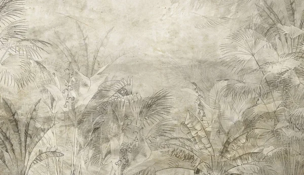 tropical trees and leaves wallpaper design in foggy forest - 3D illustration