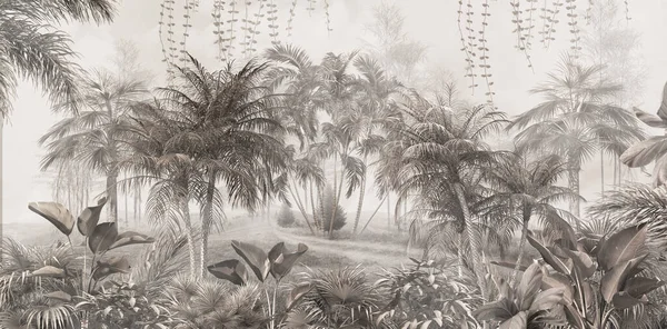 Alberi Tropicali Foglie Disegno Carta Parati Nella Foresta Nebbiosa Illustrazione — Foto Stock