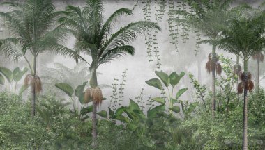 Tropikal ağaçlar ve yapraklar sisli ormanda duvar kağıdı tasarımı - 3 boyutlu illüstrasyon