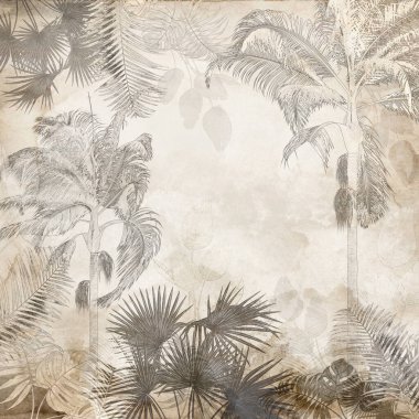 Dijital baskı duvar kağıdı için tropikal ağaç ve yapraklar, özel tasarım duvar kağıdı - 3D illüstrasyon