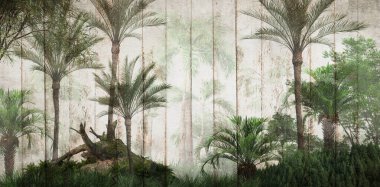 Dijital baskı duvar kağıdı için tropikal ağaç ve yapraklar, özel tasarım duvar kağıdı - 3D illüstrasyon