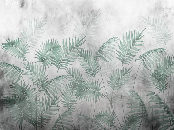 tropical trees and leaves wallpaper design in foggy forest - 3D illustration