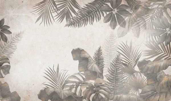 Tropikal ağaçlar ve yapraklar sisli ormanda duvar kağıdı tasarımı - 3 boyutlu illüstrasyon